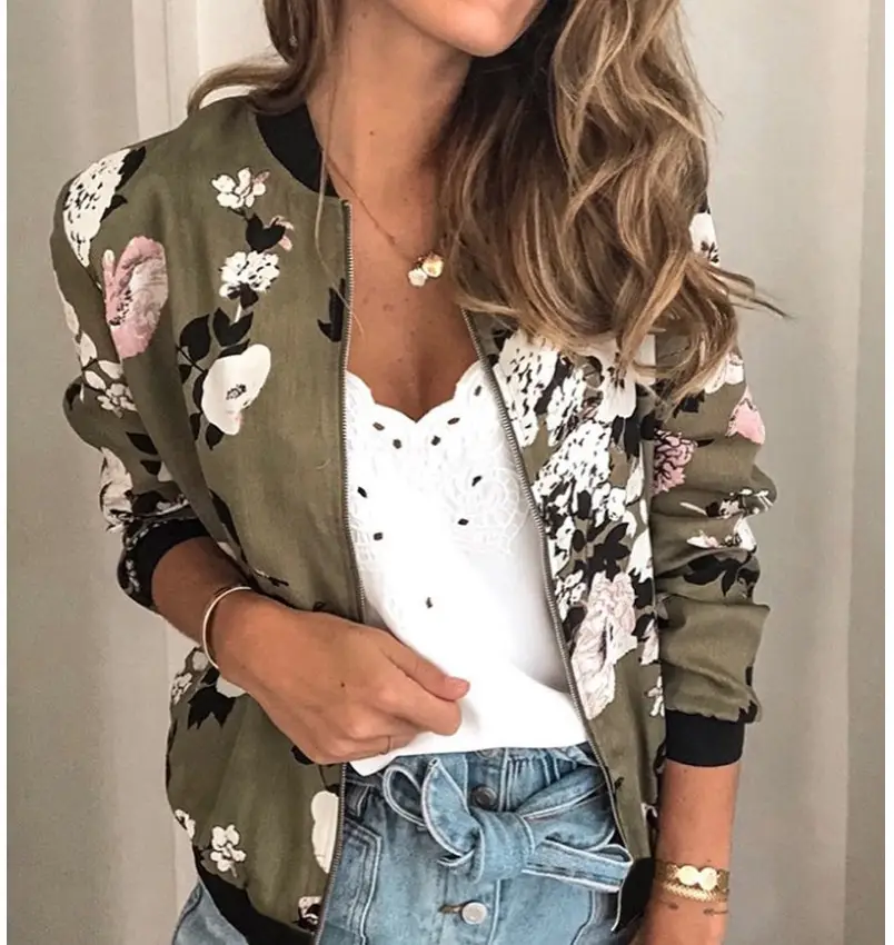 Women Floral Printed Zipper Jacket Green Long Sleeve - Image 7