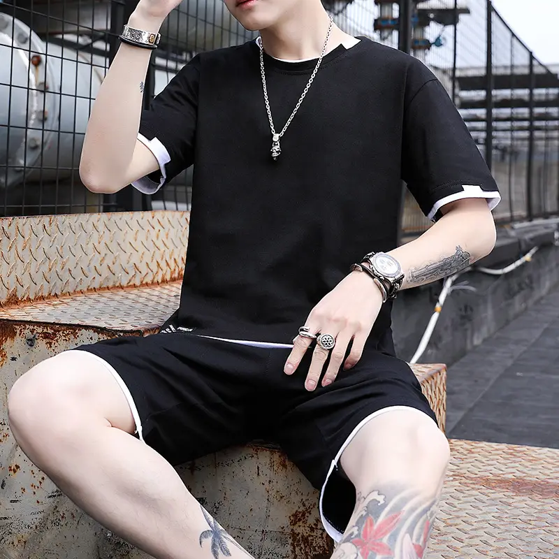 Men's Casual Suit Summer Korean Style Fashionable Clothes for Boys Set with Fashionable Brand Handsome Half Short-sleeved T-shirt