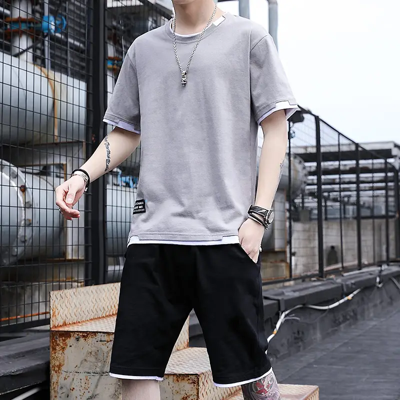 Men's Casual Suit Summer Korean Style Fashionable Clothes for Boys Set with Fashionable Brand Handsome Half Short-sleeved T-shirt