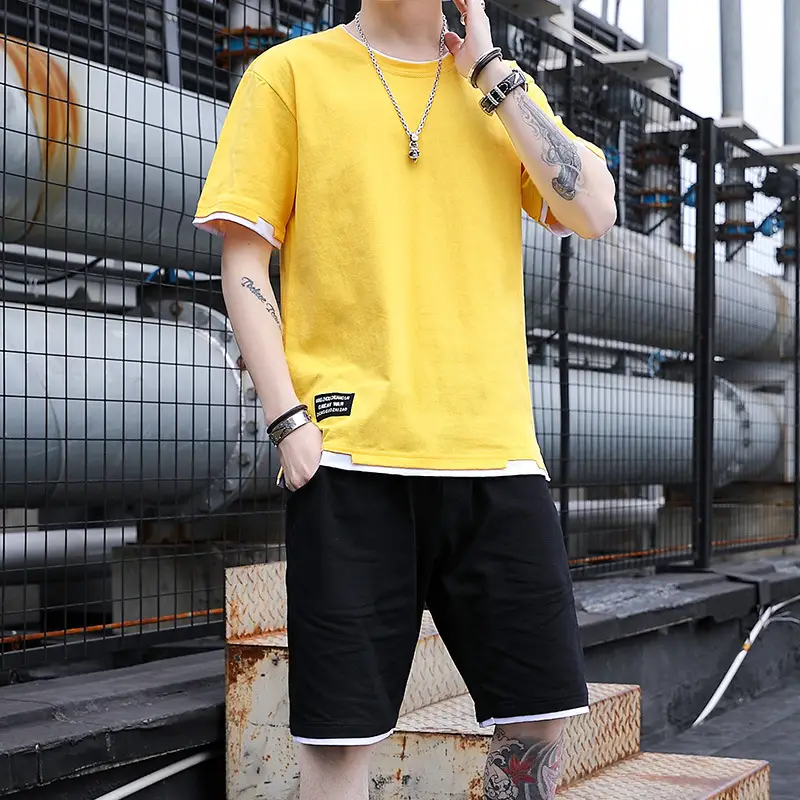 Men's Casual Suit Summer Korean Style Fashionable Clothes for Boys Set with Fashionable Brand Handsome Half Short-sleeved T-shirt