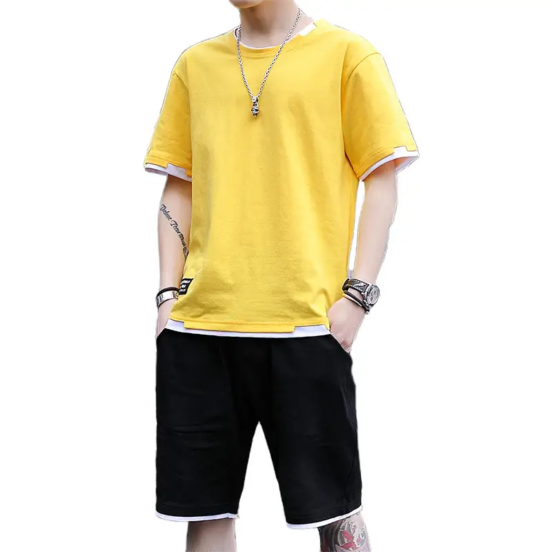 Men's Casual Suit Summer Korean Style Fashionable Clothes for Boys Set with Fashionable Brand Handsome Half Short-sleeved T-shirt