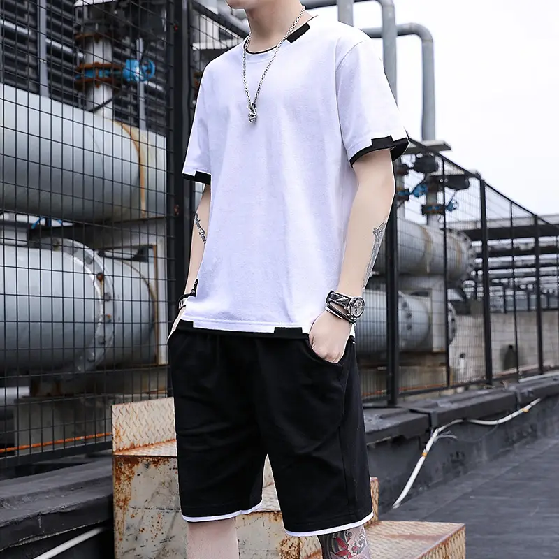 Men's Casual Suit Summer Korean Style Fashionable Clothes for Boys Set with Fashionable Brand Handsome Half Short-sleeved T-shirt