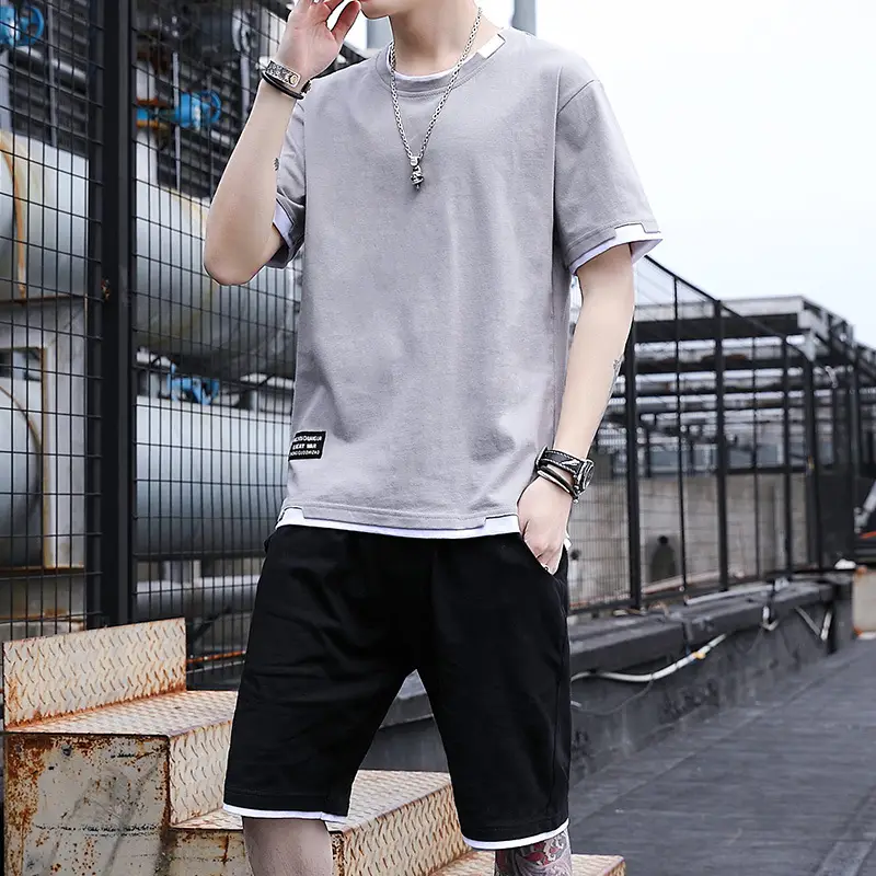 Men's Casual Suit Summer Korean Style Fashionable Clothes for Boys Set with Fashionable Brand Handsome Half Short-sleeved T-shirt