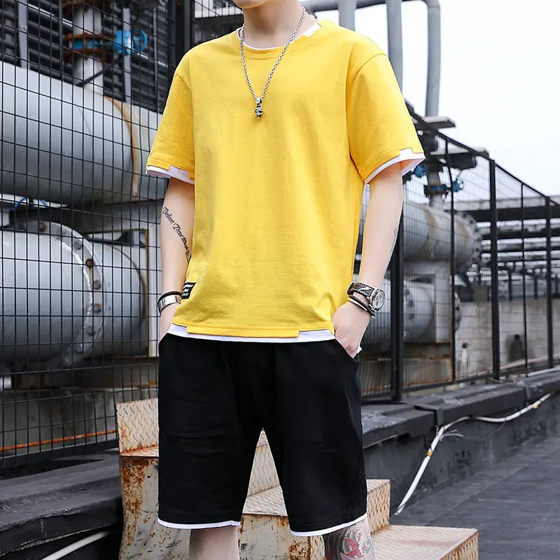 Men's Casual Suit Summer Korean Style Fashionable Clothes for Boys Set with Fashionable Brand Handsome Half Short-sleeved T-shirt