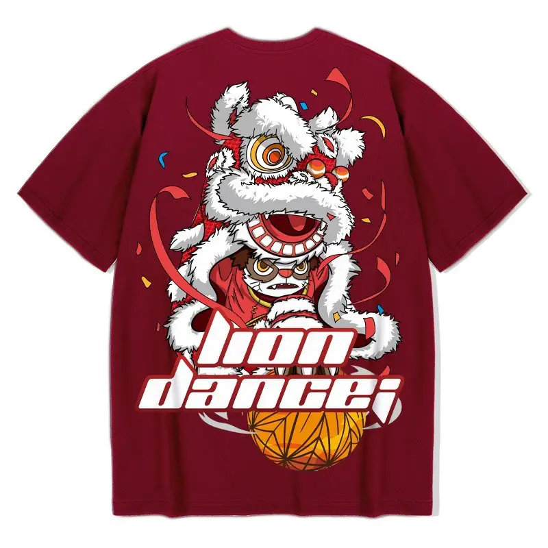 2020 New Arrival Chinese Style Printed T-Shirt Maroon Loose Large - Image 3