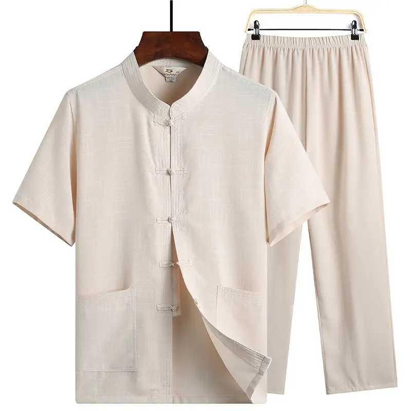 Men Linen Short Sleeve Suit Light Blue Button Front - Image 6