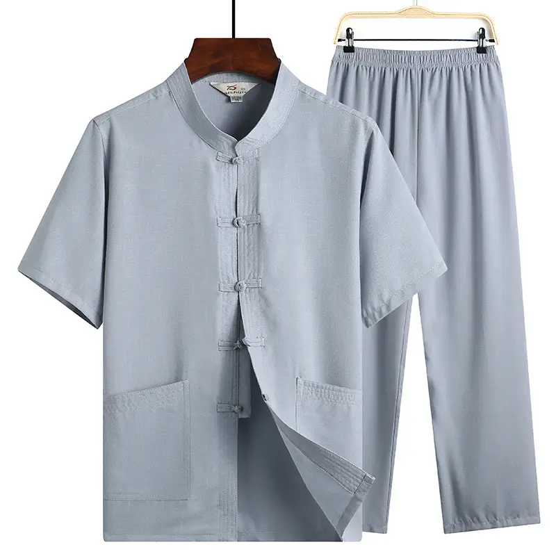 Men Linen Short Sleeve Suit Light Blue Button Front - Image 8