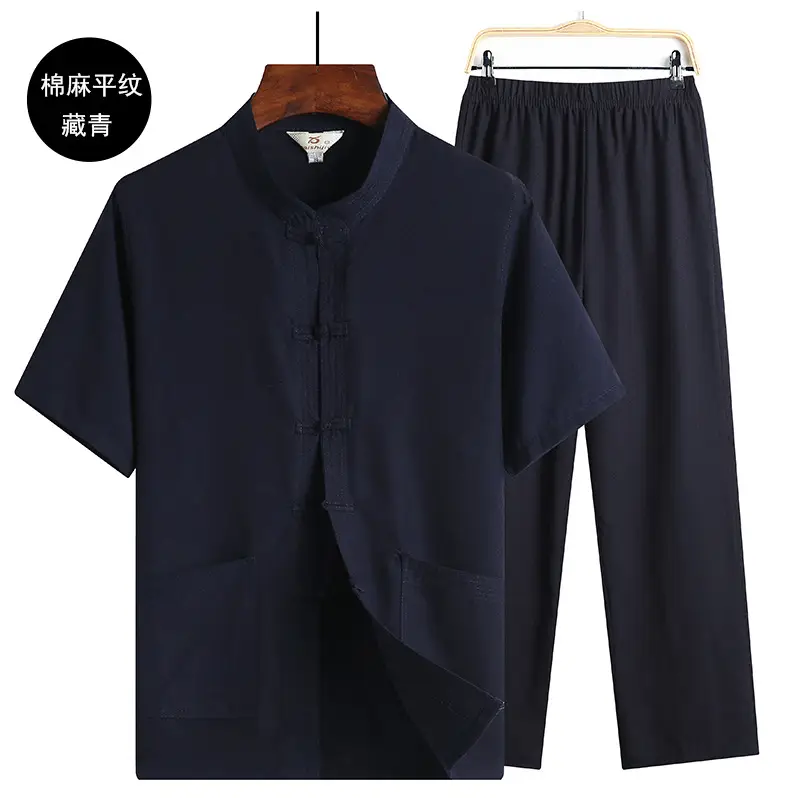 Men Linen Short Sleeve Suit Light Blue Button Front — feature 10