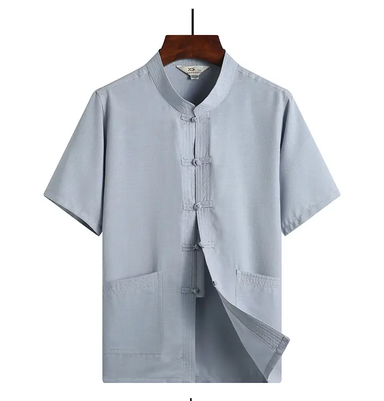 Men Linen Short Sleeve Suit Light Blue Button Front — feature 14