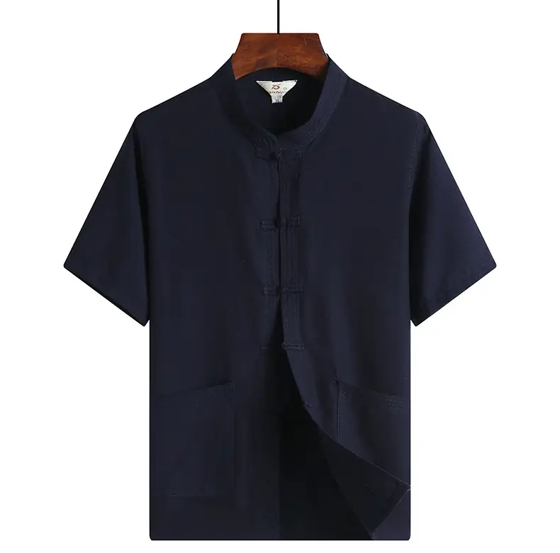 Men Linen Short Sleeve Suit Light Blue Button Front — feature 15