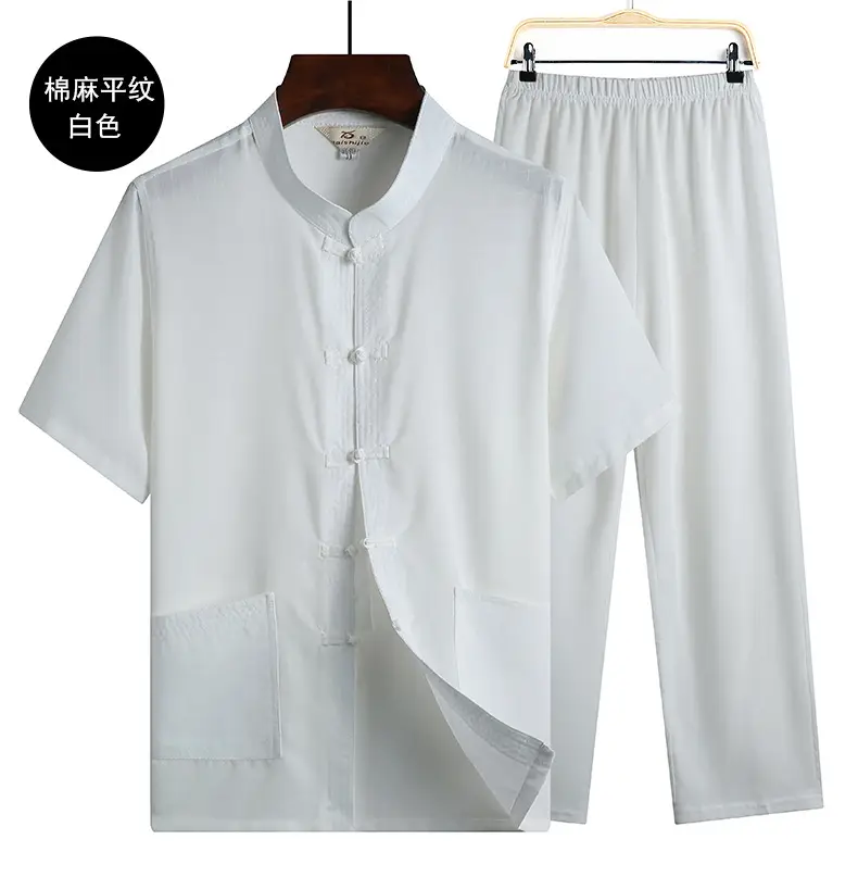 Men Linen Short Sleeve Suit Light Blue Button Front — feature 8