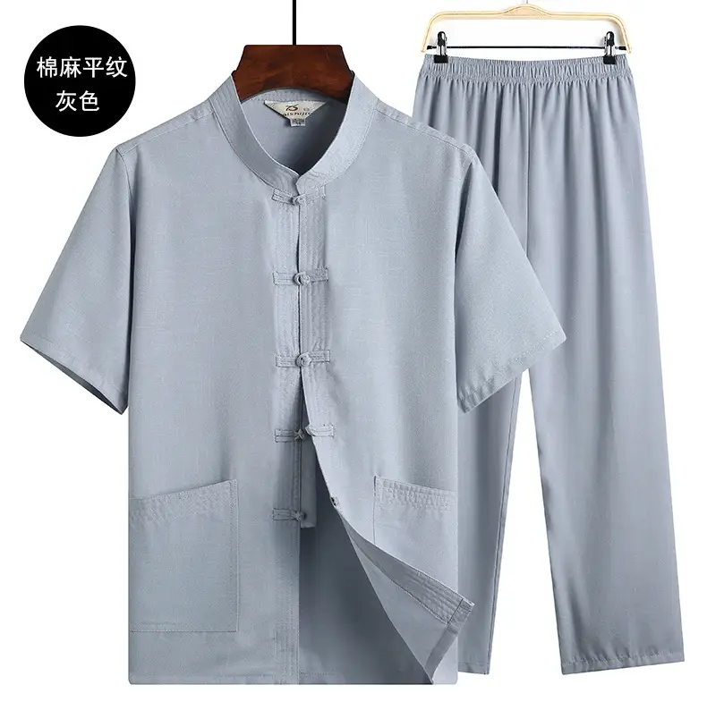 Men Linen Short Sleeve Suit Light Blue Button Front — feature 9