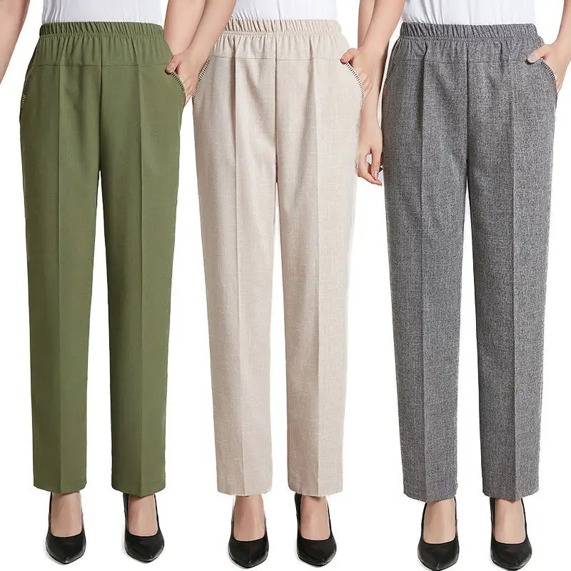 Women Cotton Linen Ankle Pants Black Elastic High Waist - Image 8