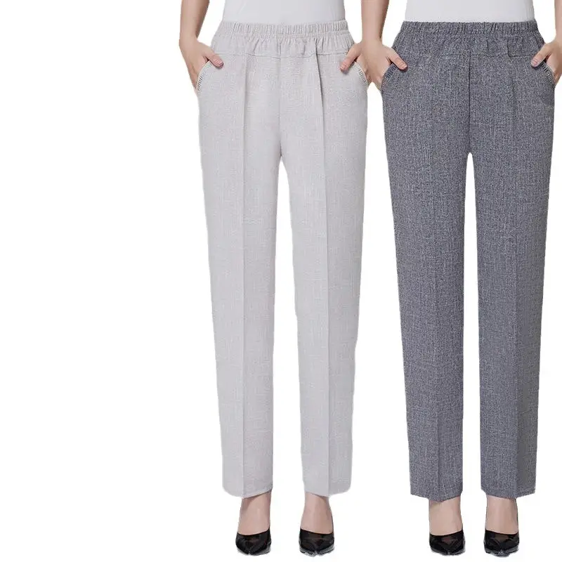 Women Cotton Linen Ankle Pants Black Elastic High Waist - Image 11