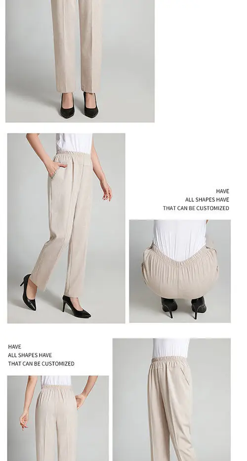 Women Cotton Linen Ankle Pants Black Elastic High Waist — feature 9
