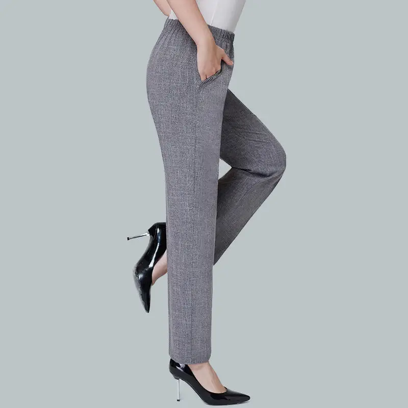 Women Cotton Linen Ankle Pants Black Elastic High Waist - Image 2