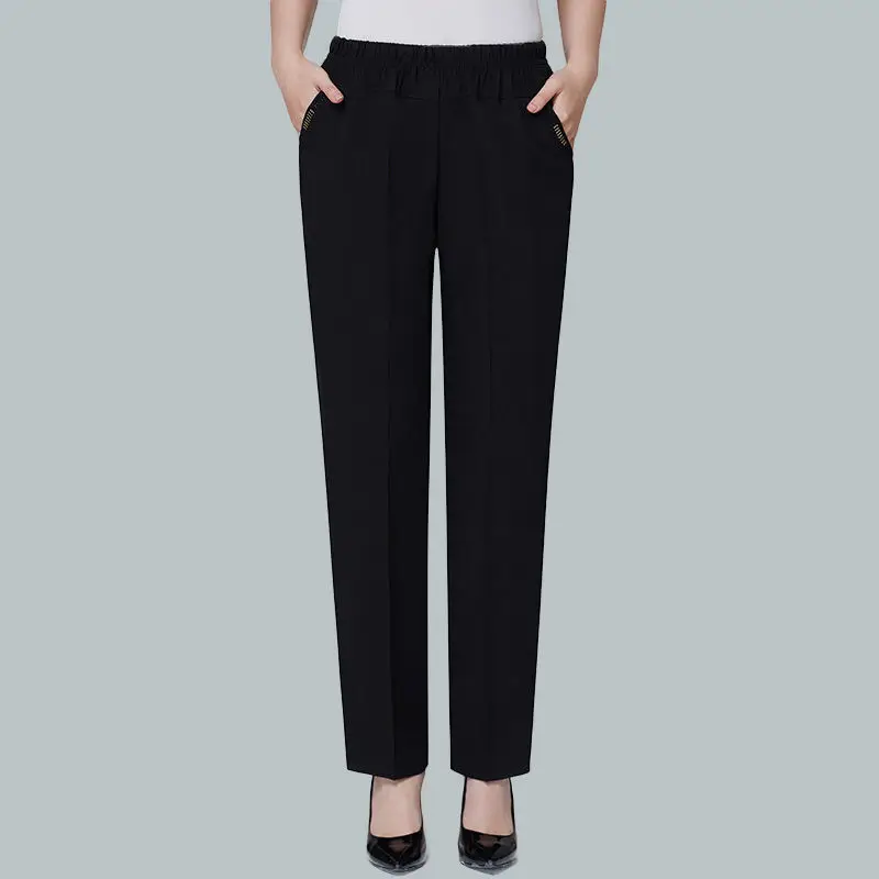 Women Cotton Linen Ankle Pants Black Elastic High Waist - Image 3