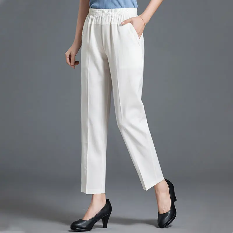 Women Cotton Linen Ankle Pants Black Elastic High Waist - Image 4