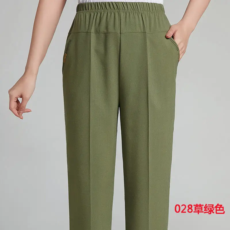 Women Cotton Linen Ankle Pants Black Elastic High Waist - Image 5