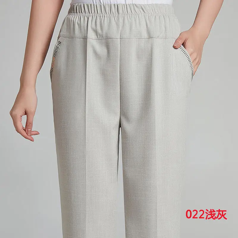Women Cotton Linen Ankle Pants Black Elastic High Waist - Image 6
