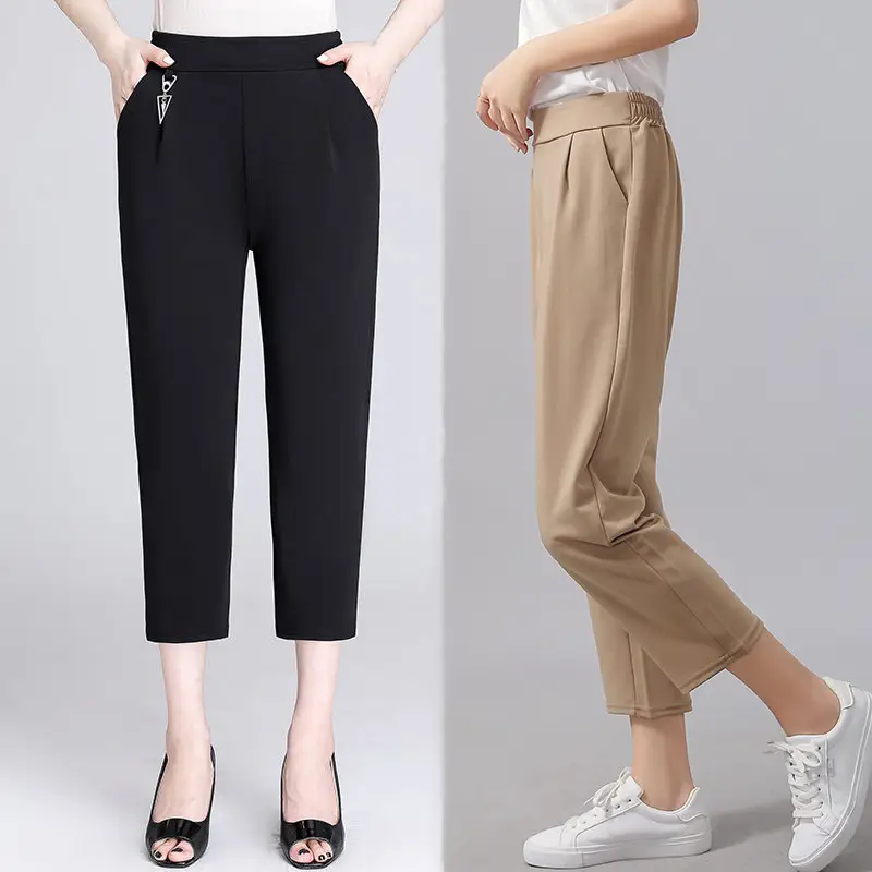 Women Cropped Pants with Metal Embellishments Solid Color - Image 3
