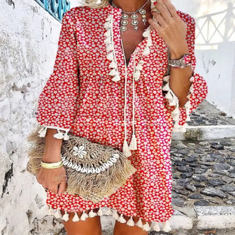 New European Women's Petal Sleeve Dress with Tassels - Image 4