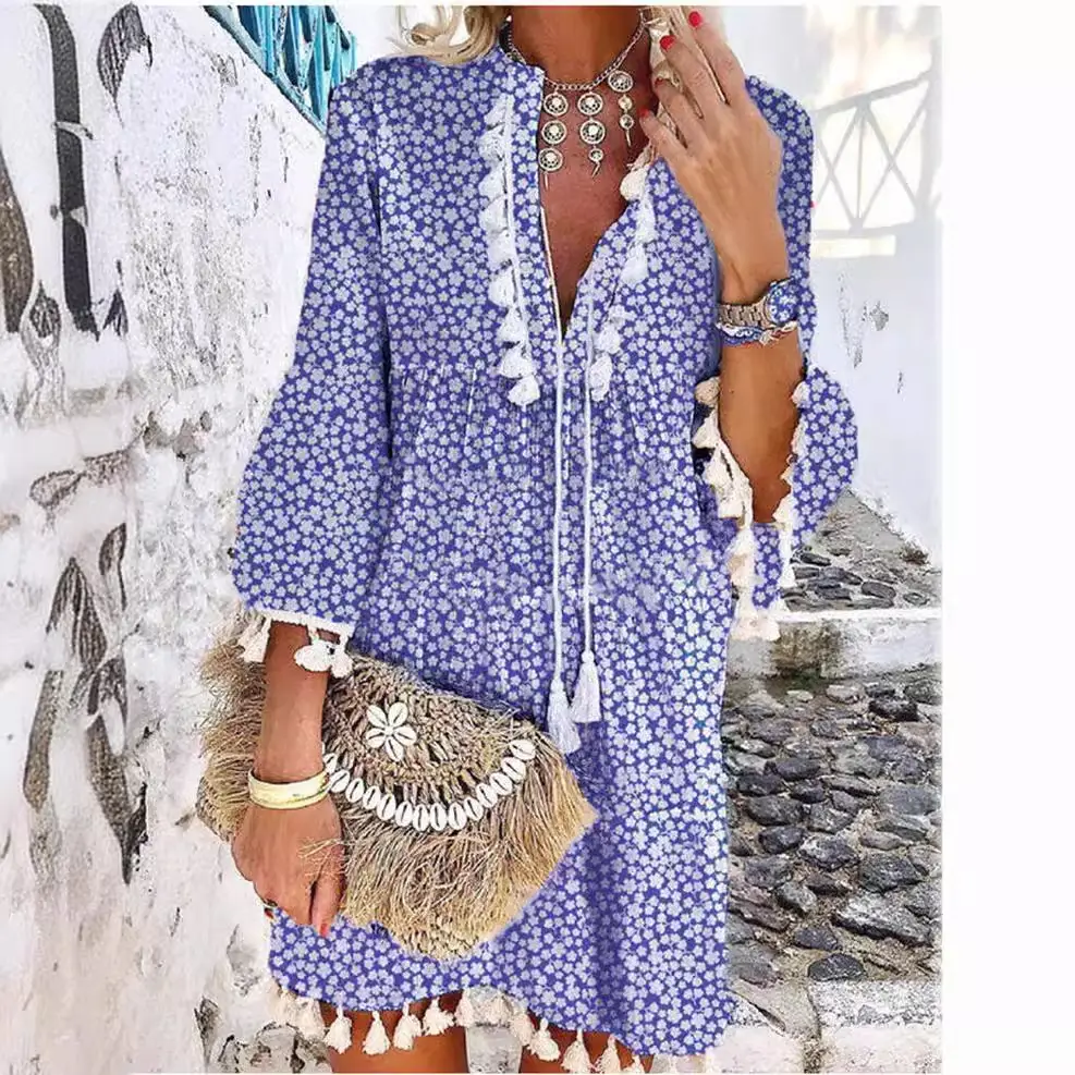 New European Women's Petal Sleeve Dress with Tassels - Image 5