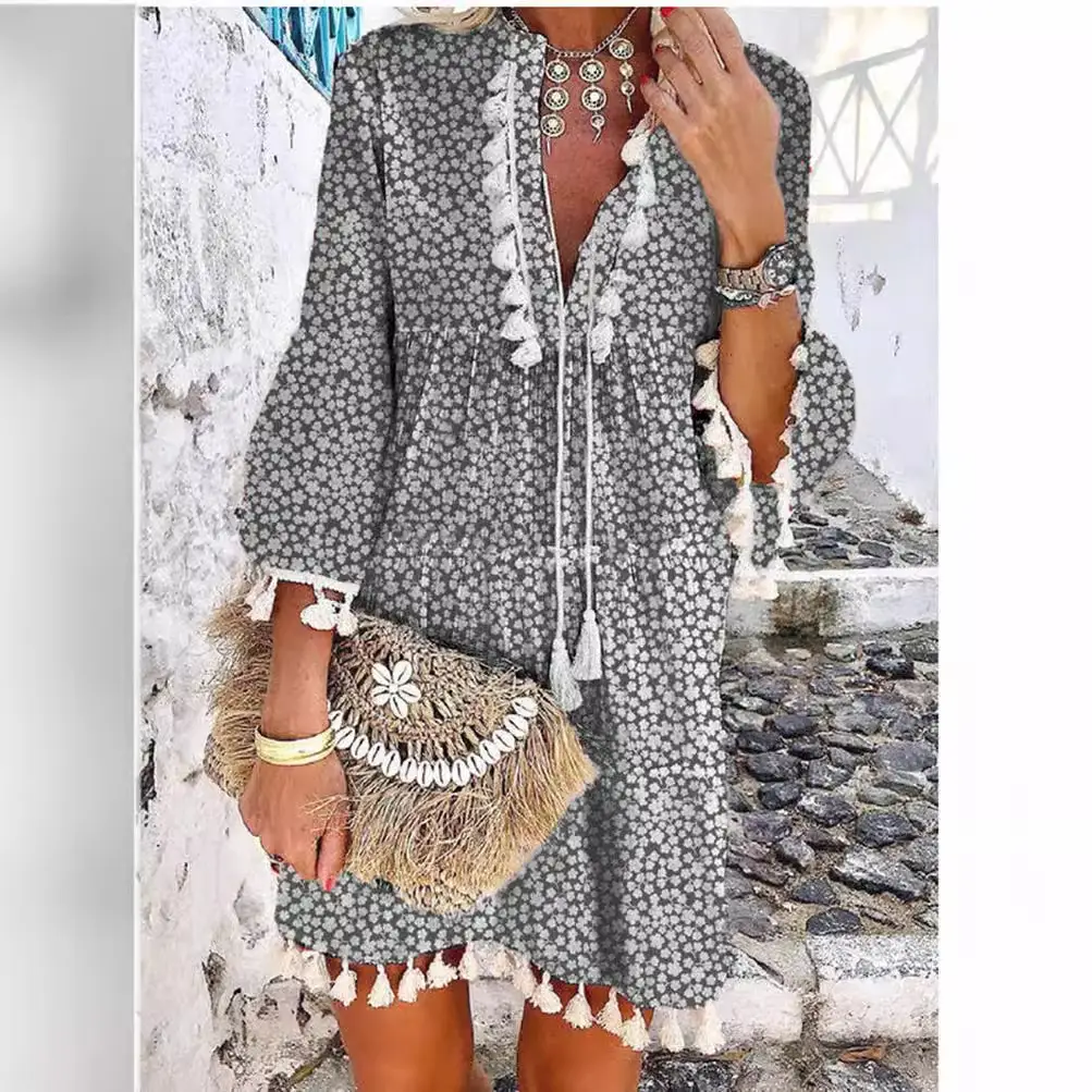 New European Women's Petal Sleeve Dress with Tassels - Image 6