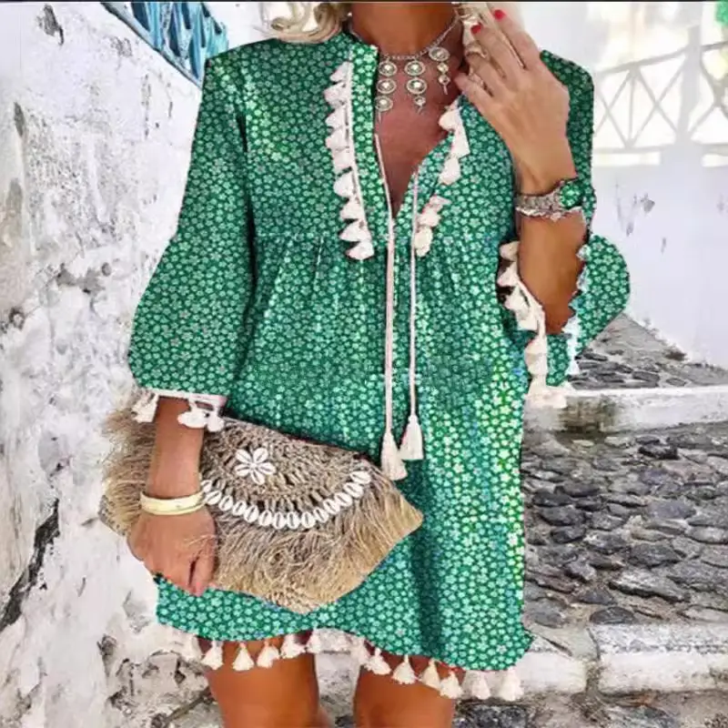 New European Women's Petal Sleeve Dress with Tassels - Image 7