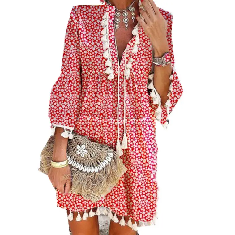 New European Women's Petal Sleeve Dress with Tassels - Image 8