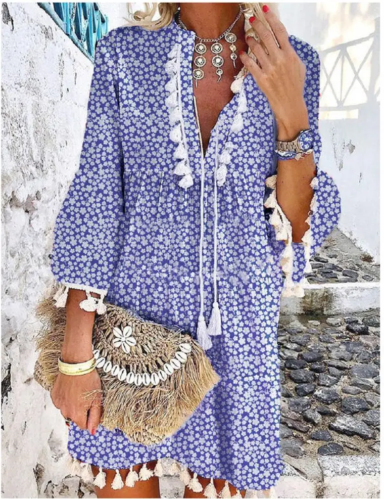 New European Women's Petal Sleeve Dress with Tassels - Image 2