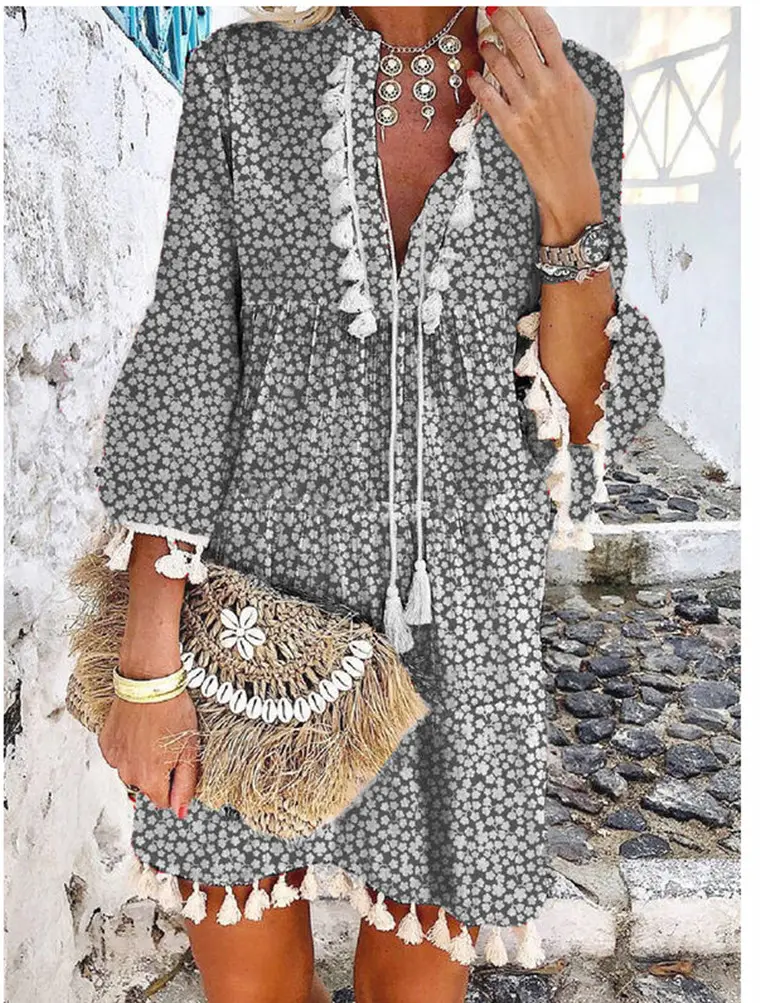 New European Women's Petal Sleeve Dress with Tassels - Image 3