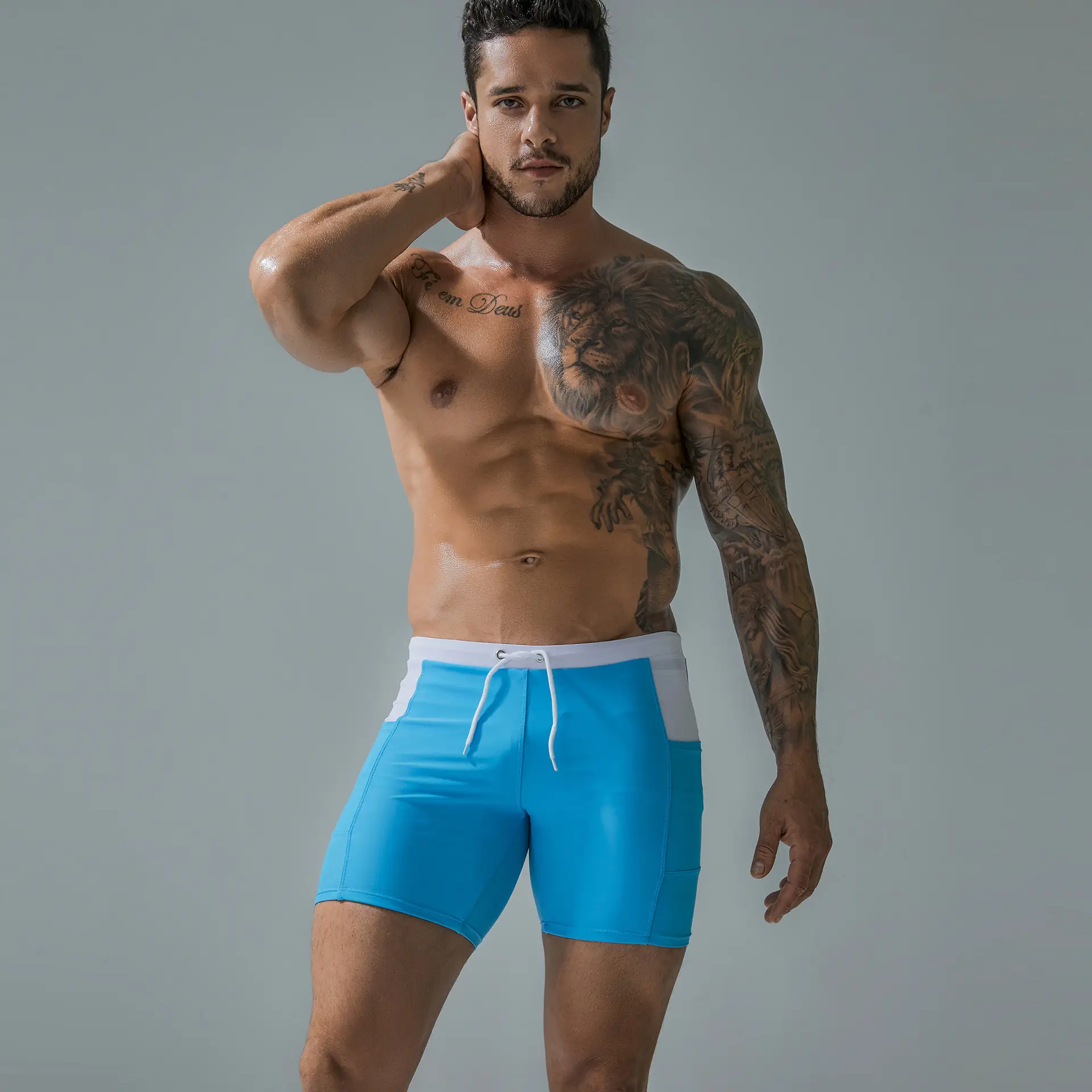Men Hot Spring Swimming Trunks Blue Large - Image 3