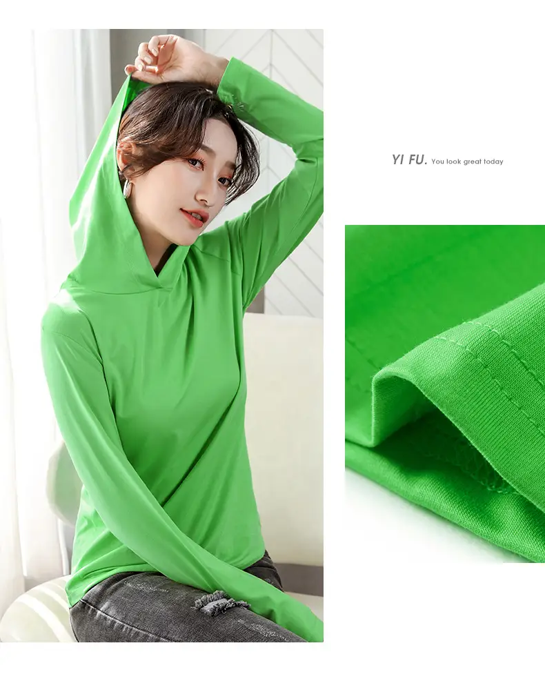 Women Green Hooded Sweatshirt Casual Top with Plaid Bottom — feature 10