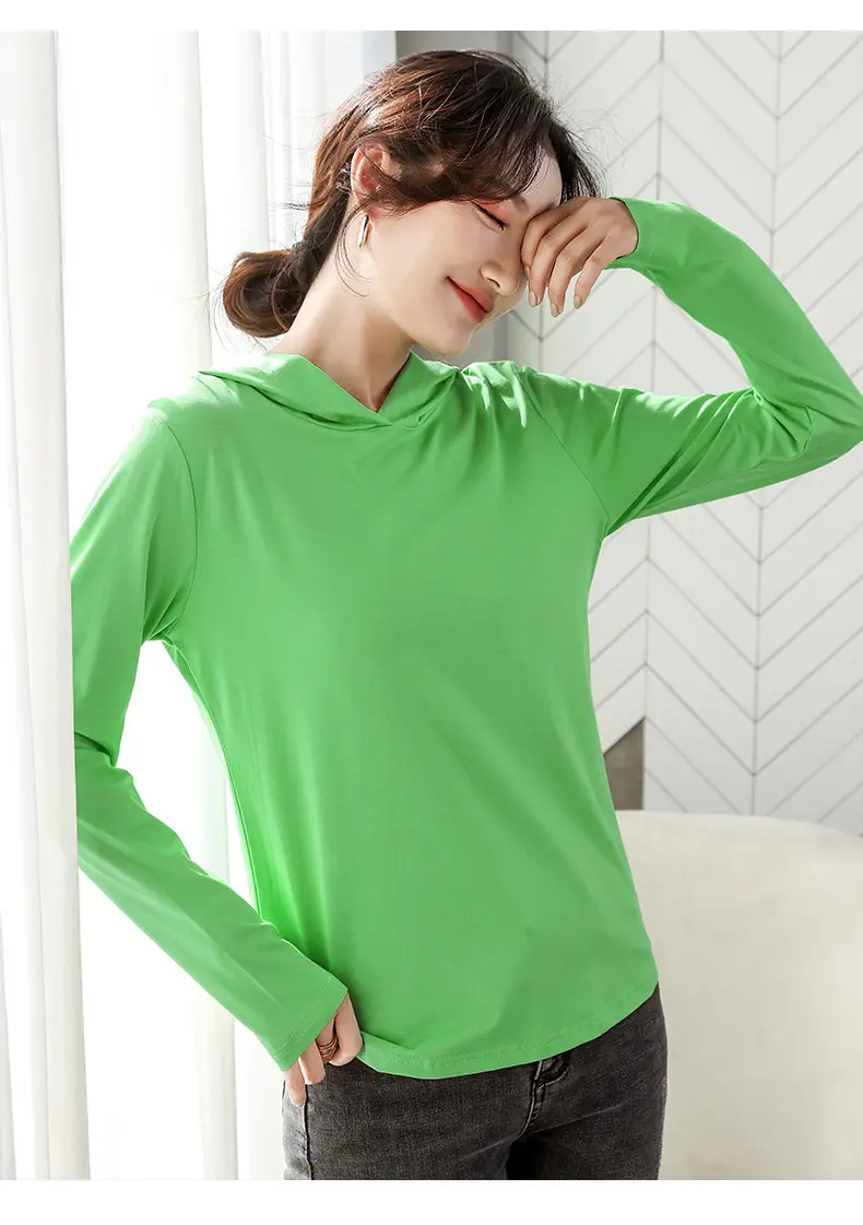 Women Green Hooded Sweatshirt Casual Top with Plaid Bottom — feature 9