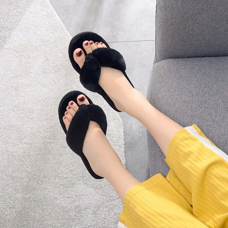 2025 New Autumn and Winter Indoor Flip-Flop Cotton Slippers Women's Anti-Slip Home Rabbit Fur Flip-Flops Export Foreign Trade Wholesale
