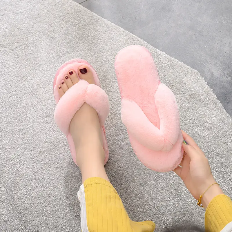 2025 New Autumn and Winter Indoor Flip-Flop Cotton Slippers Women's Anti-Slip Home Rabbit Fur Flip-Flops Export Foreign Trade Wholesale