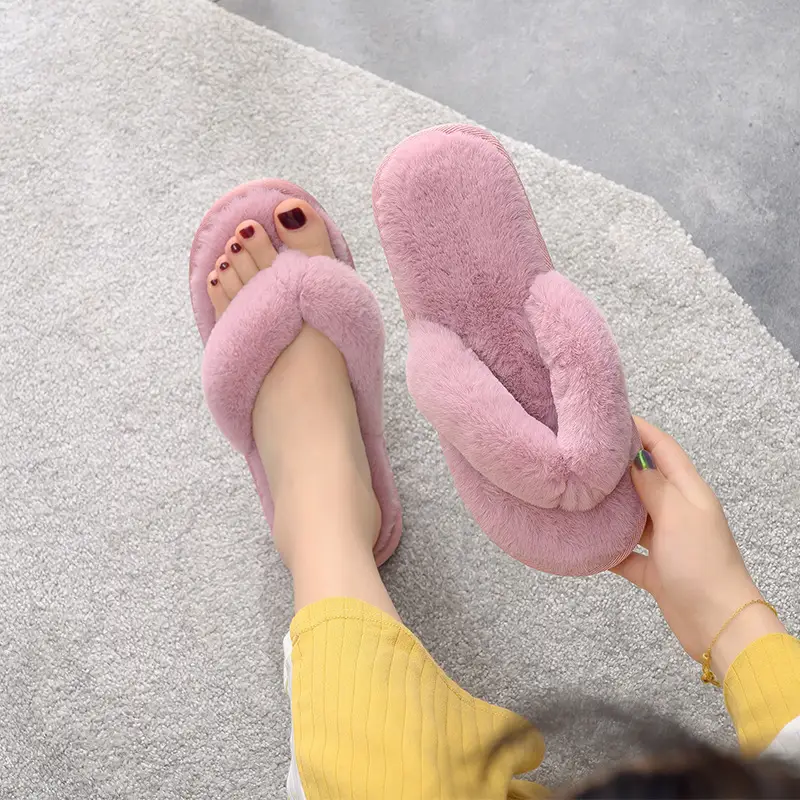 2025 New Autumn and Winter Indoor Flip-Flop Cotton Slippers Women's Anti-Slip Home Rabbit Fur Flip-Flops Export Foreign Trade Wholesale