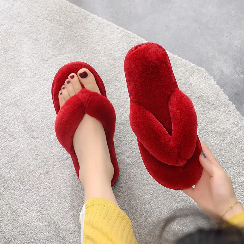 2025 New Autumn and Winter Indoor Flip-Flop Cotton Slippers Women's Anti-Slip Home Rabbit Fur Flip-Flops Export Foreign Trade Wholesale