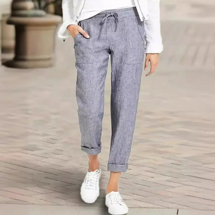 Ladies Drawstring High Waist Cotton Pants Navy Blue - Image 6