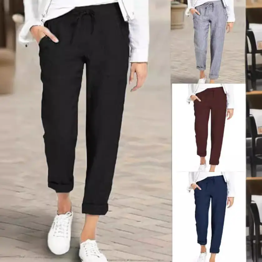 Ladies Drawstring High Waist Cotton Pants Navy Blue - Image 7