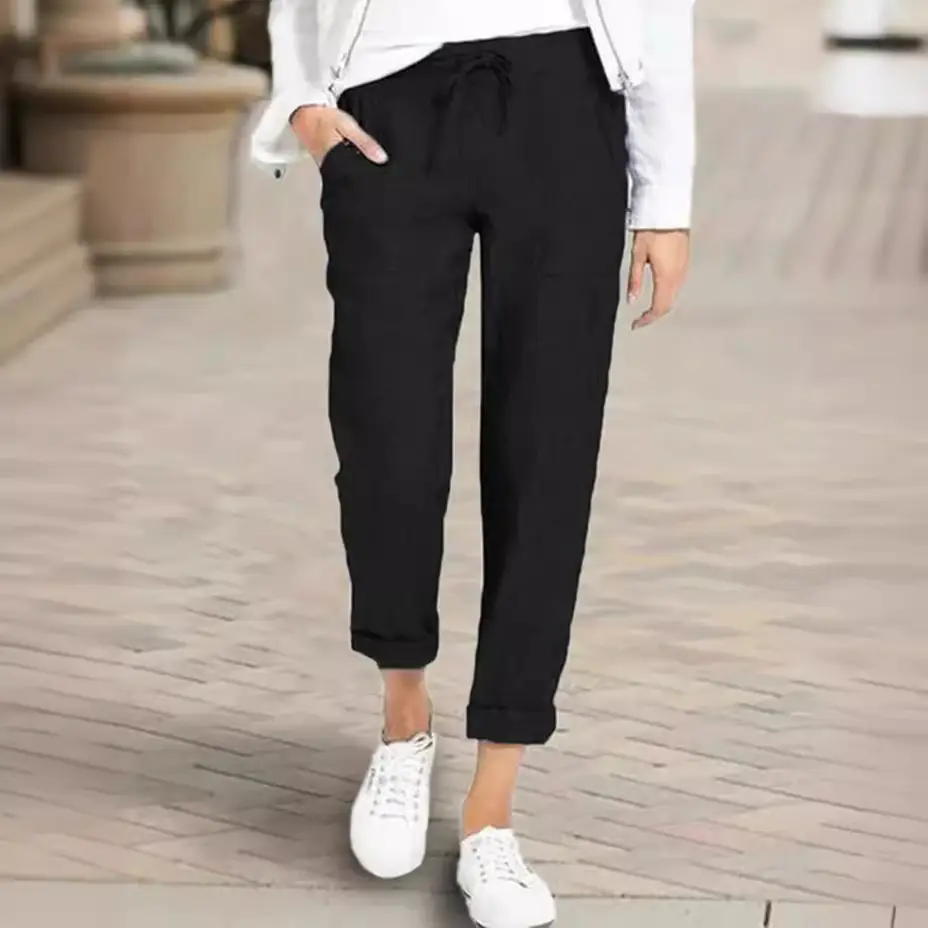 Ladies Drawstring High Waist Cotton Pants Navy Blue - Image 8