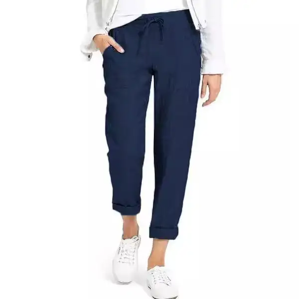 Ladies Drawstring High Waist Cotton Pants Navy Blue - Image 9