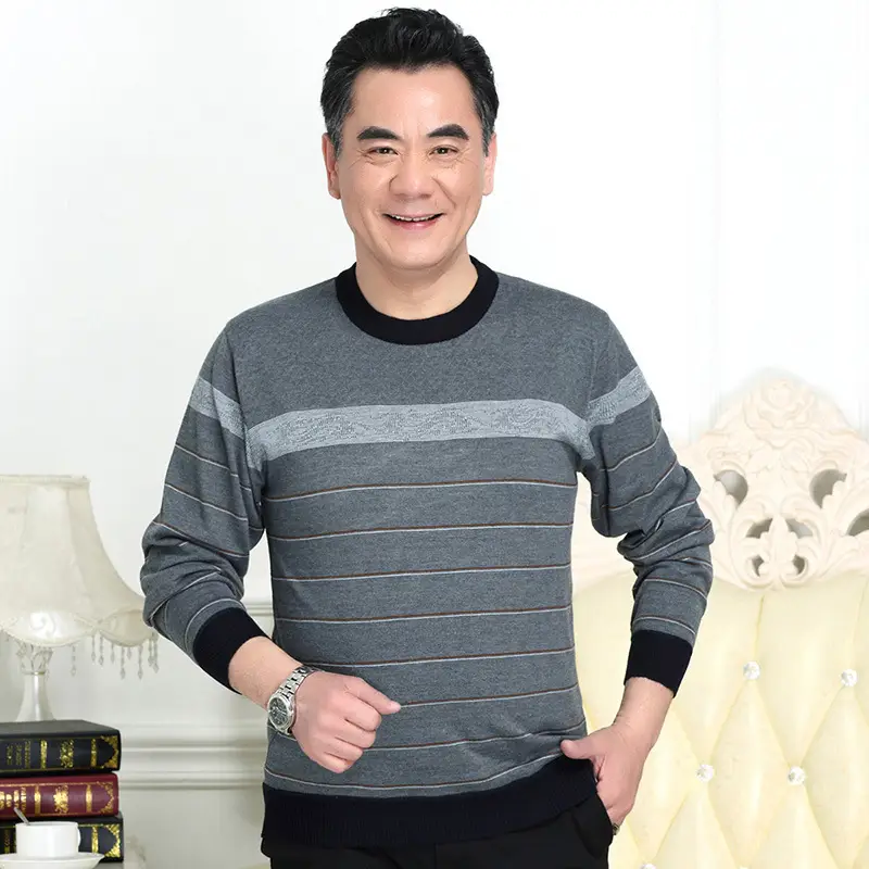 Dad's Grey Striped Long Sleeve T-Shirt Middle Age - Image 5
