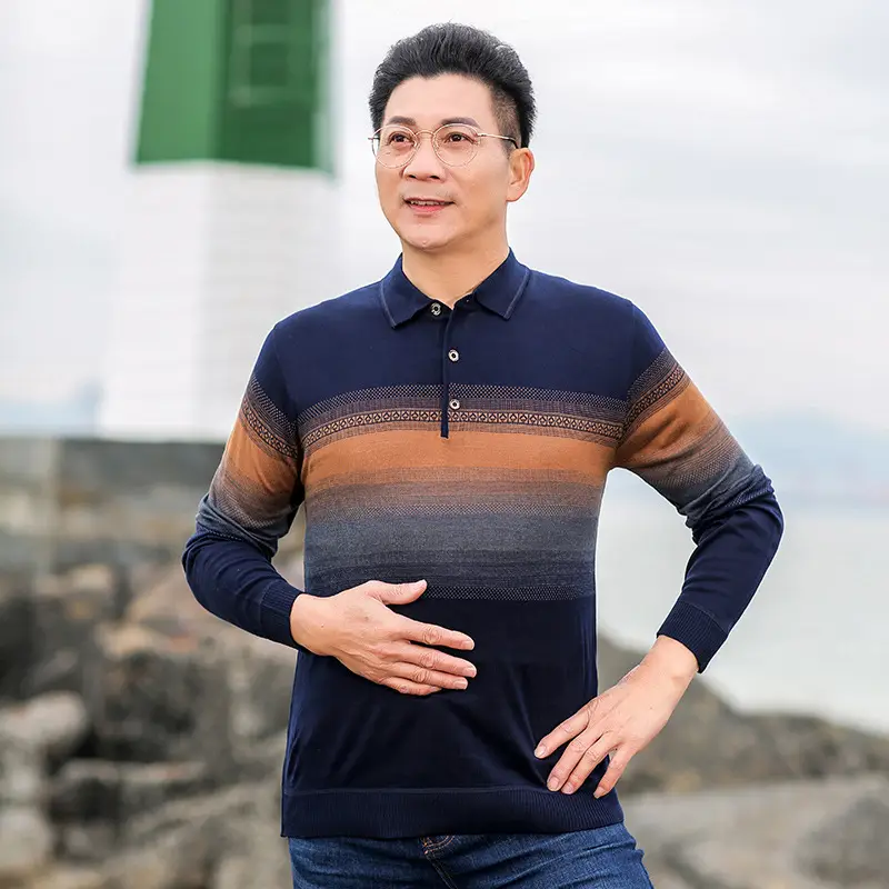 Dad's Striped Long Sleeve T-Shirt Navy Brown - Image 16