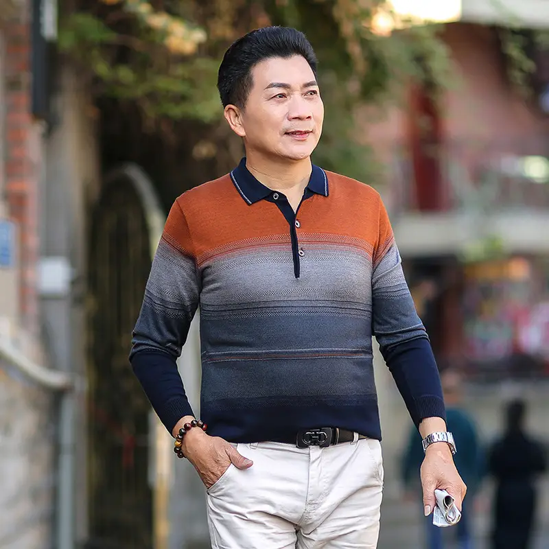 Dad's Striped Long Sleeve T-Shirt Navy Brown - Image 11