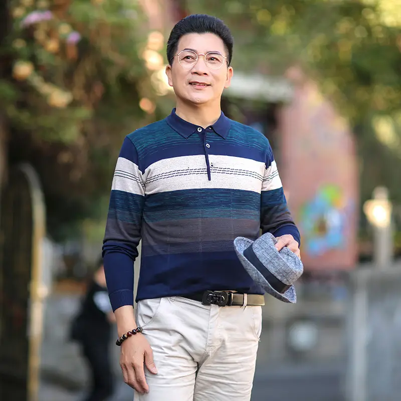 Dad's Striped Long Sleeve T-Shirt Navy Brown - Image 2