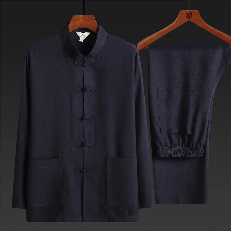 Men Linen Tang Suit Navy Blue Long Sleeve Ethnic - Image 4