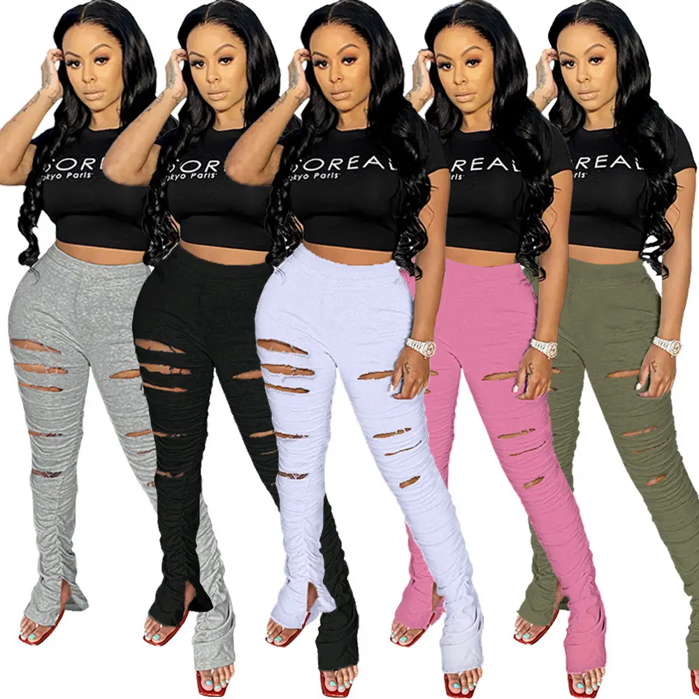 European American Women's Micro Sweatpants Hole Split Pleated Sweater Fabric