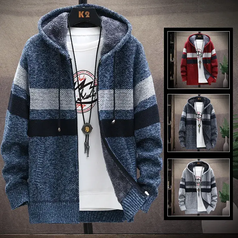 Men's Korean Style Knitted Hoodie Blue Gray Plus Size